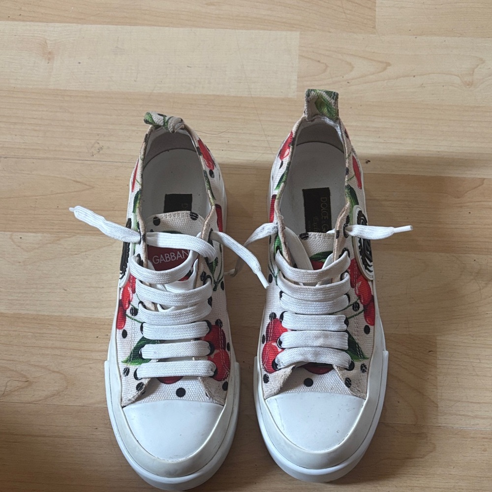 Dolce & Gabbana White Floral Canvas Sneakers with Red Cherry Print